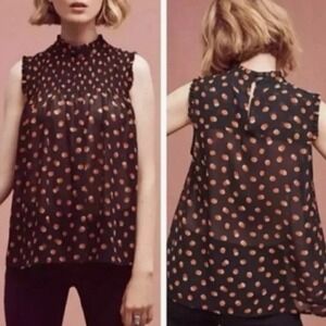 Marve Anthropologie Sleeveless‎ Polka Dot Smocked Mock Neck Blouse